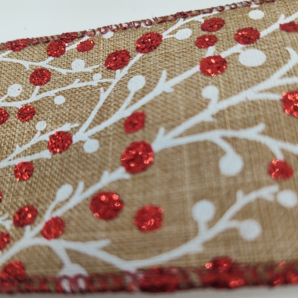 RENAISSANCE 2000 Wired Burlap Ribbon 2.5” Red Glitter Berry Two (2) Yards - Picture 3 of 6